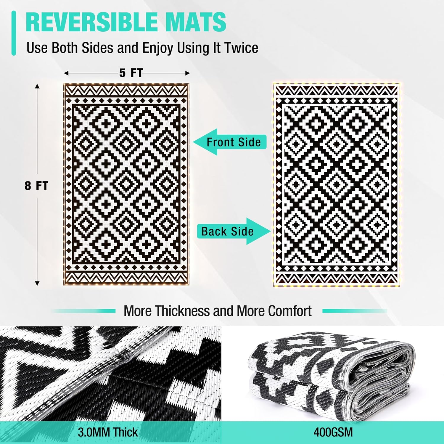 LED Light Reversible Straw Outdoor Rug