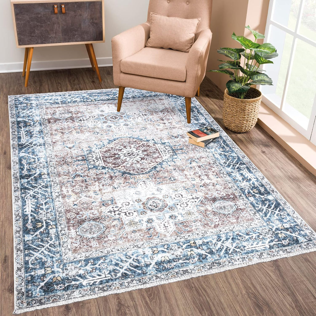 Beige Blue Traditional Washable Runner Rug