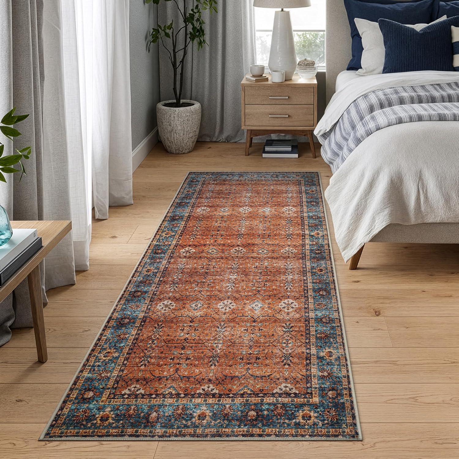 Orange Teal Traditional Bordered Runner Rug