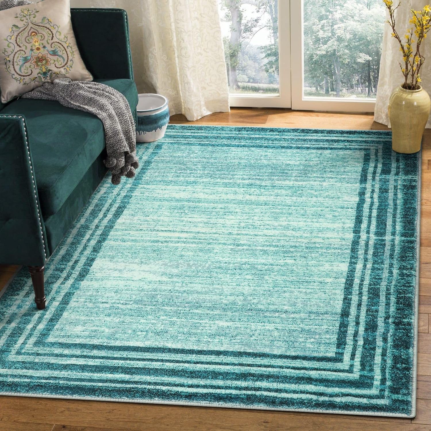 Teal Abstract Soft Washable Runner Rug