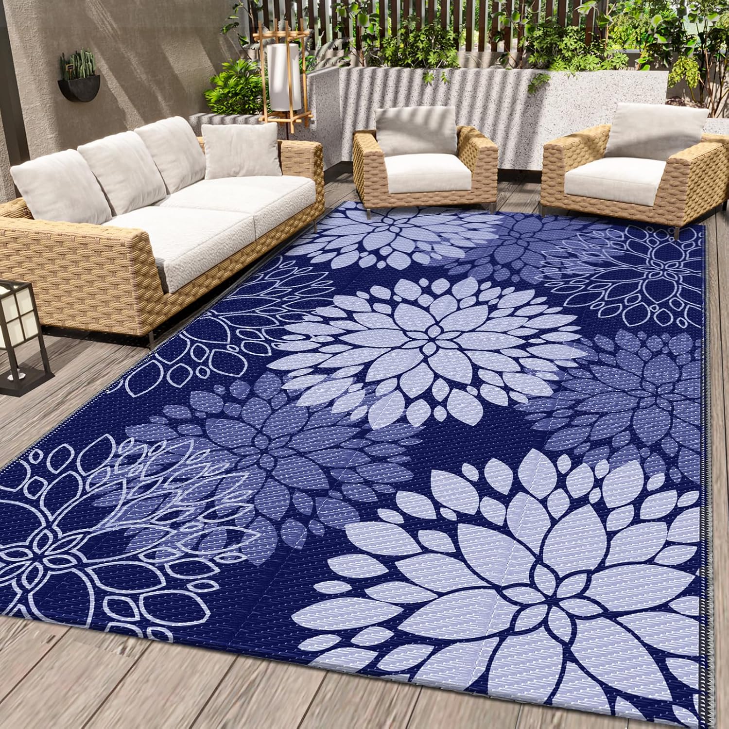 Blue Reversible Straw Waterproof Outdoor Rug