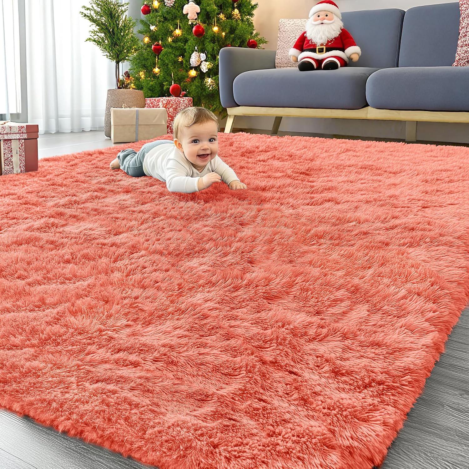 Coral Red Fluffy Washable Large Shag Area Rug