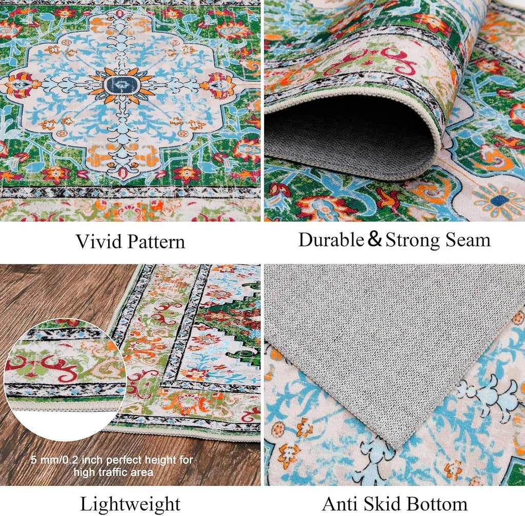 Green Boho Washable Non Slip Runner Rug