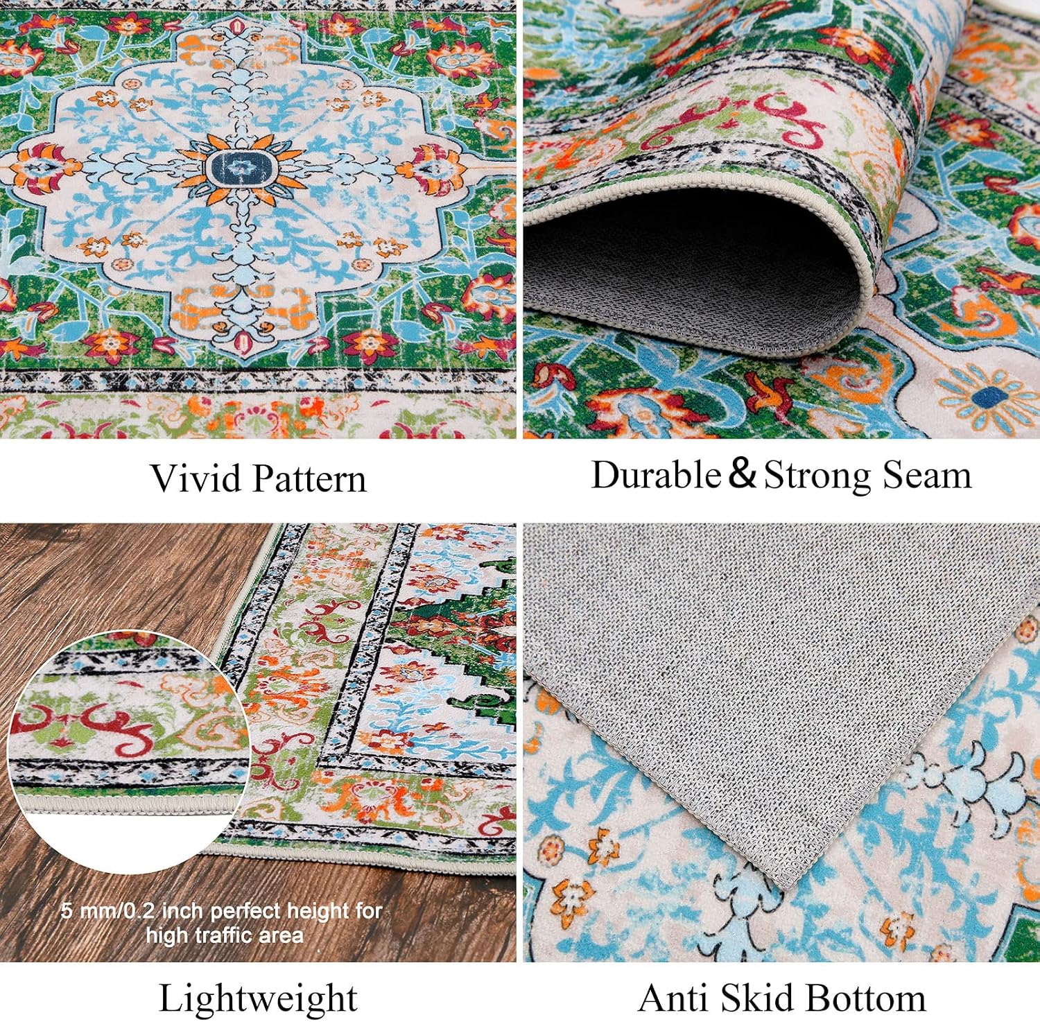 Green Boho Washable Non Slip Runner Rug