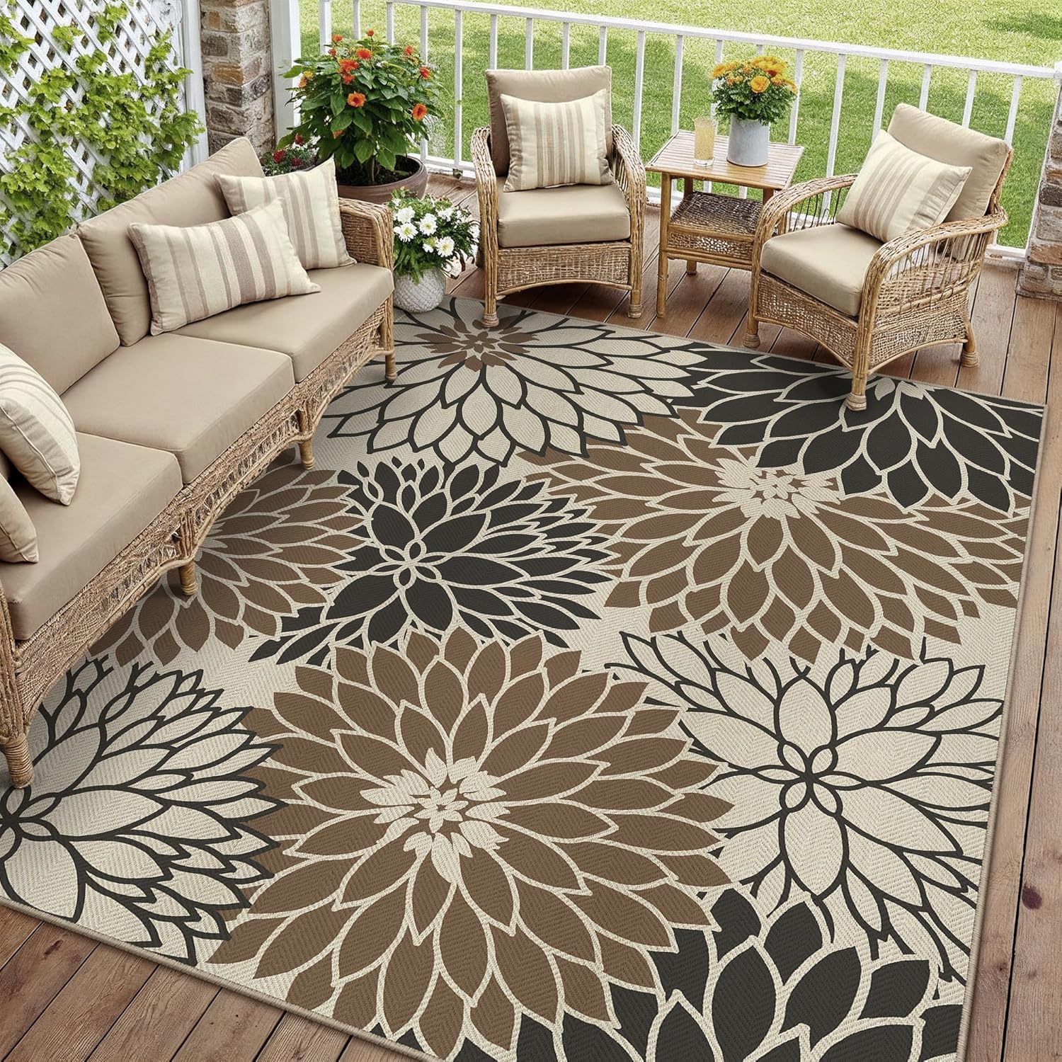 Floral Linen Waterproof Outdoor Floor Rug