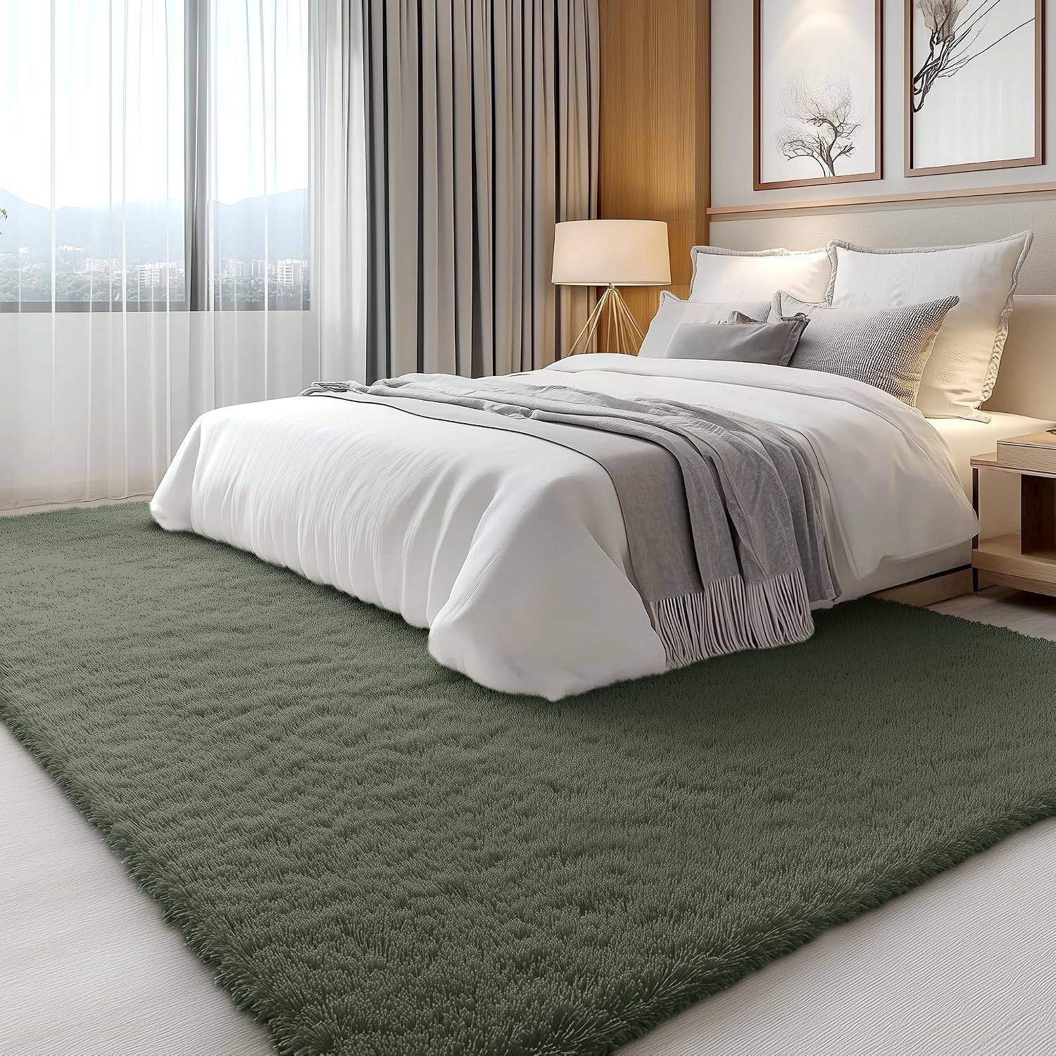 Washable Shaggy Olive Green Large Area Floor Rug