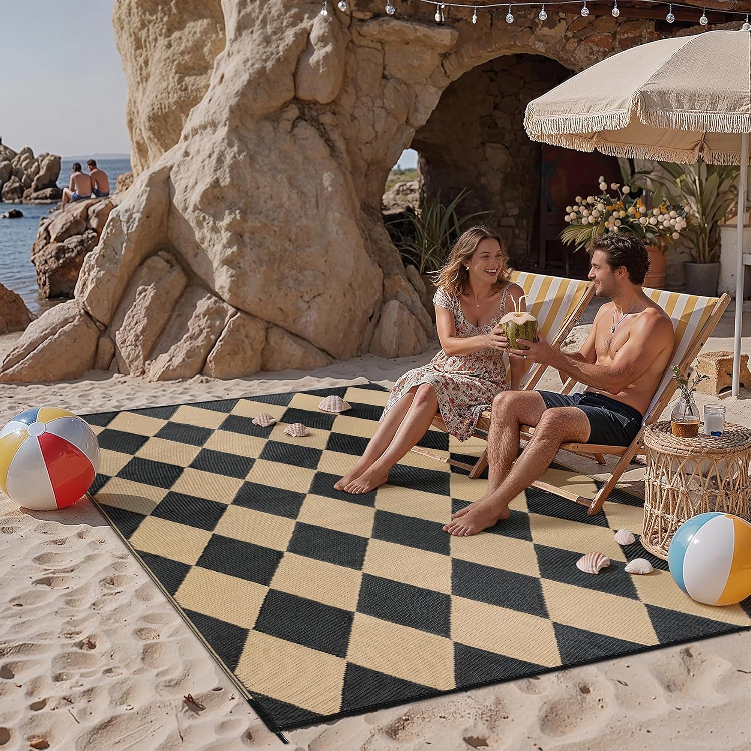 Checkered Waterproof Reversible Outdoor Rug