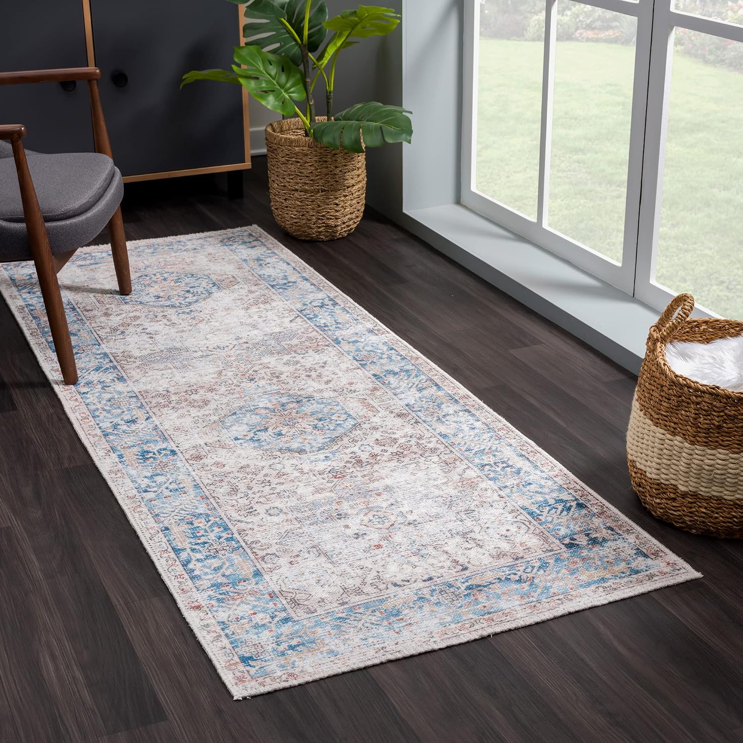 Beige Blue Traditional Washable Runner Rug