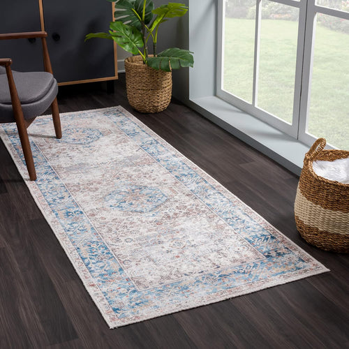 Beige Blue Traditional Washable Runner Rug