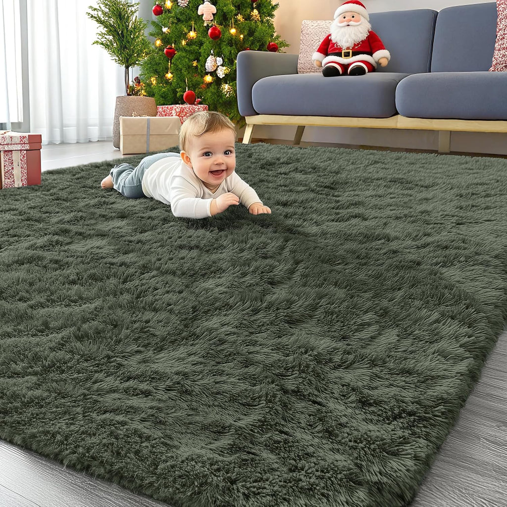 Washable Shaggy Olive Green Large Area Floor Rug