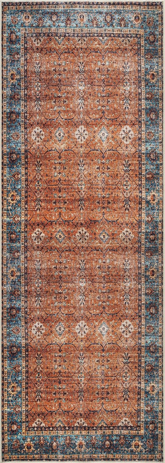 Orange Teal Traditional Bordered Runner Rug