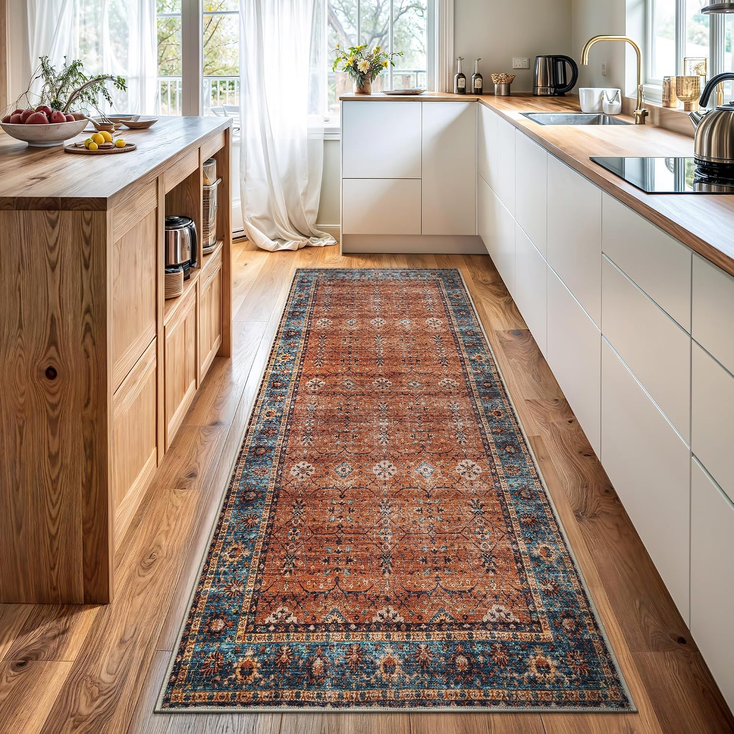 Orange Teal Traditional Bordered Runner Rug