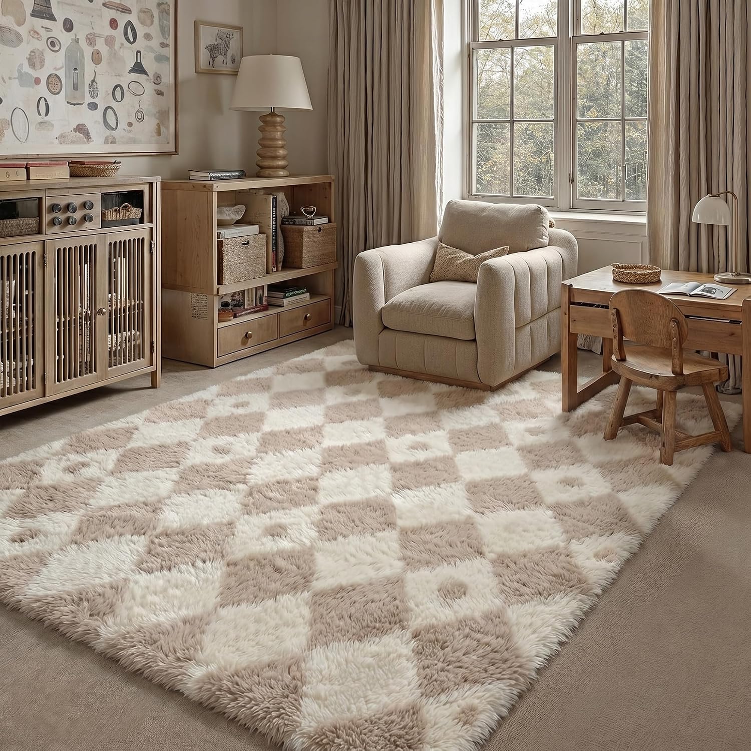 Beige Checkered Fluffy Washable Non-Slip Area Rug