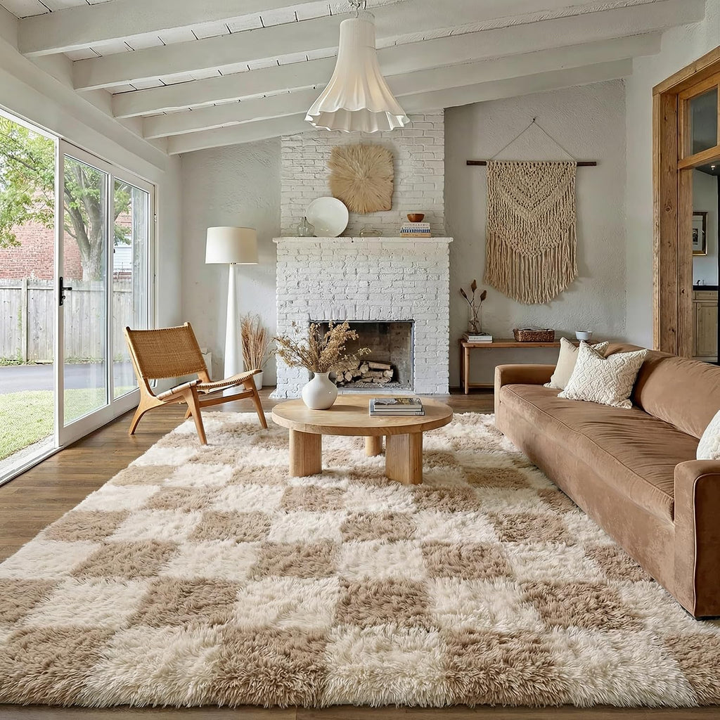 Beige Checkered Fluffy Washable Non-Slip Area Rug