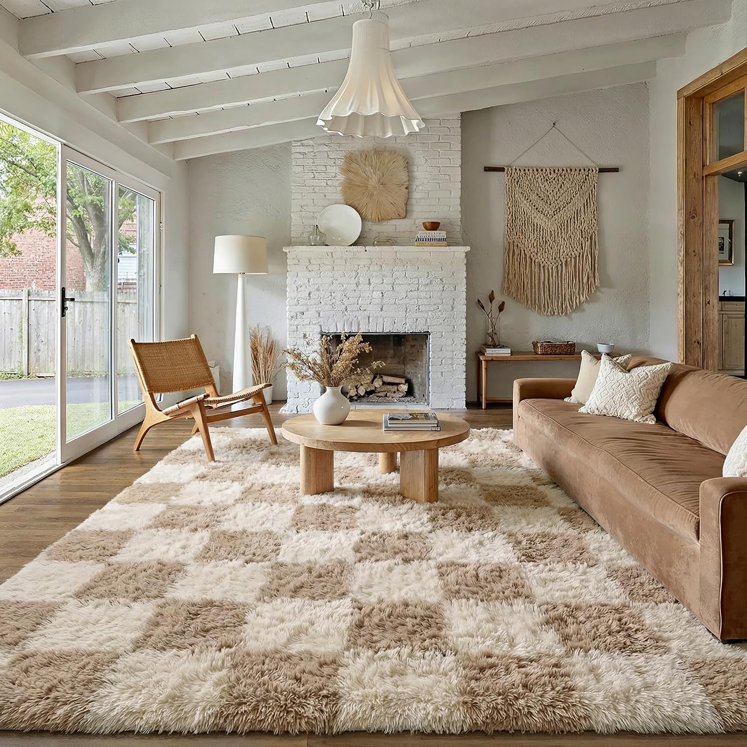 Beige Checkered Fluffy Washable Non-Slip Area Rug
