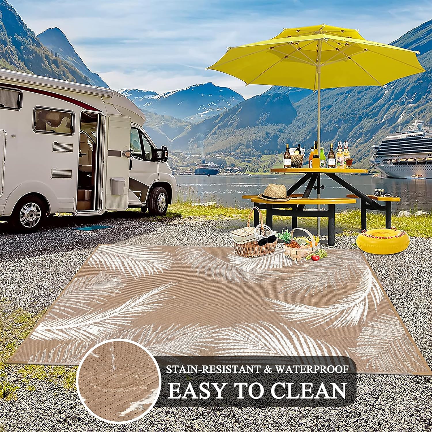 Leaf Brown Straw Waterproof Outdoor Rug