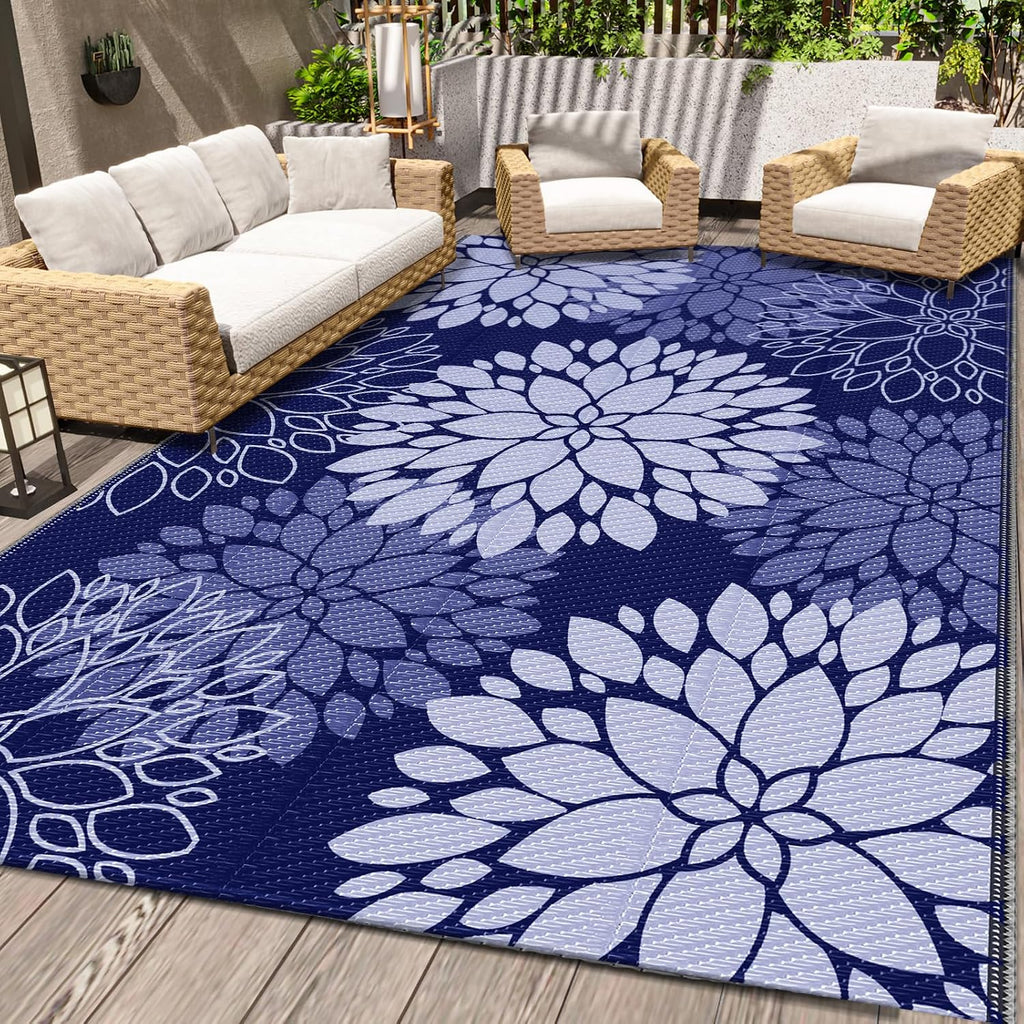 Blue Reversible Straw Waterproof Outdoor Rug