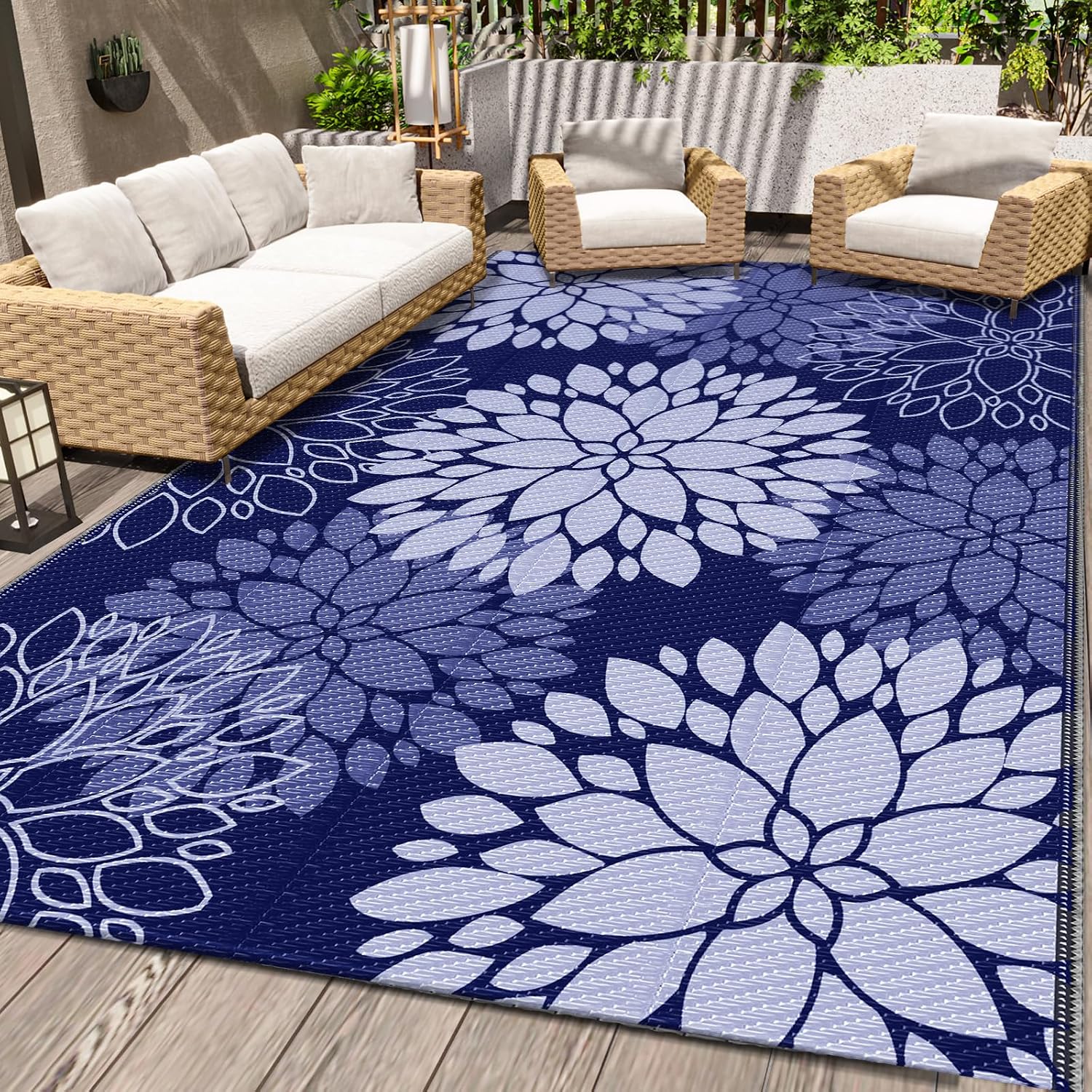 Blue Reversible Straw Waterproof Outdoor Rug
