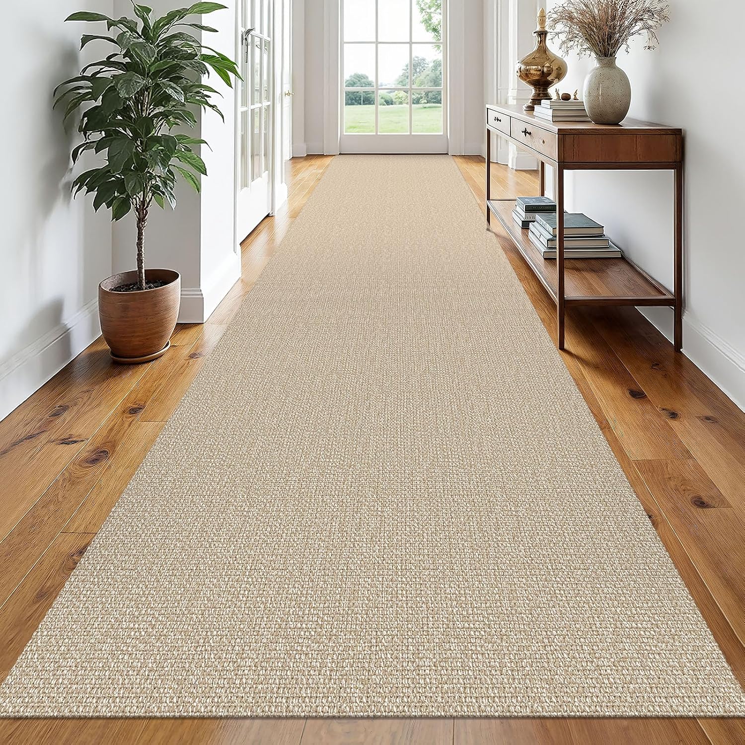 Beige Braided Non Slip Cotton Runner Rug