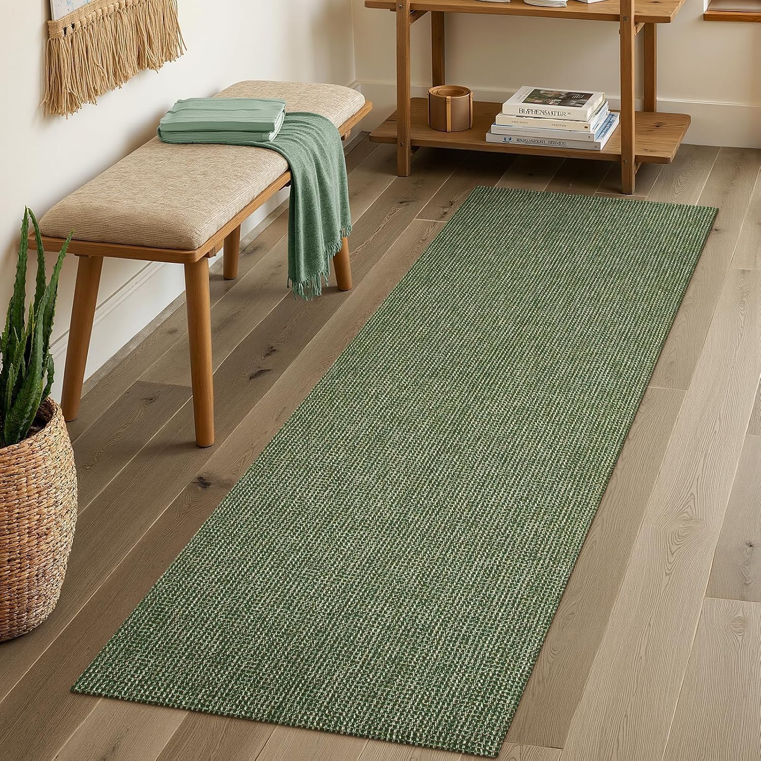 Boho Green Braided Washable Runner Rug