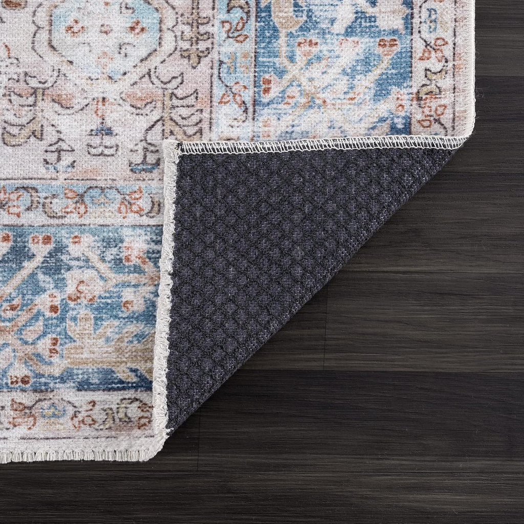 Beige Blue Traditional Washable Runner Rug
