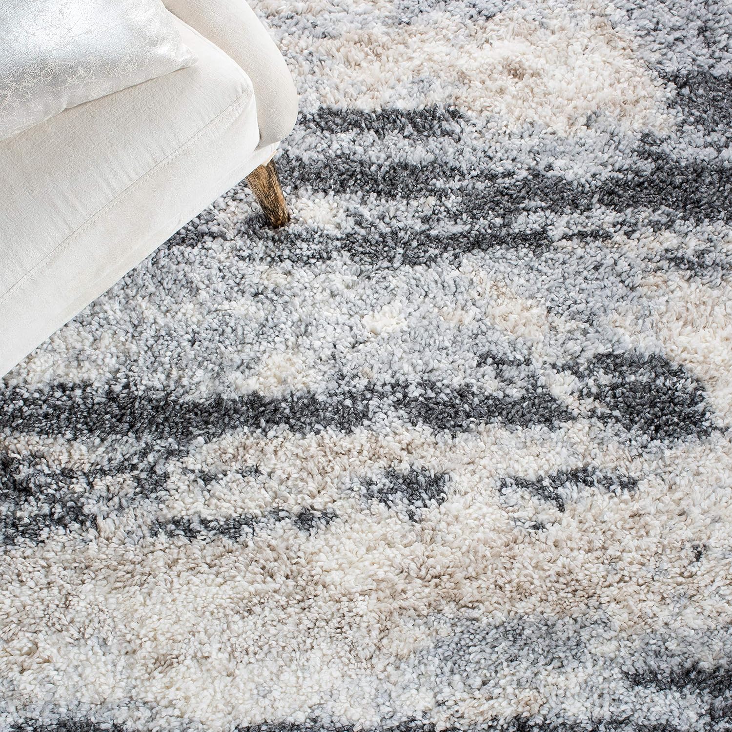 Grey Ivory Thick Non-Shed Easy Clean Shag Rug