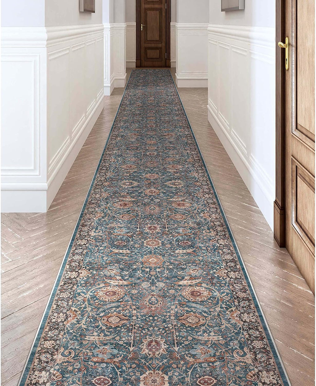 Teal Floral Flatweave Hallway Runner Rug
